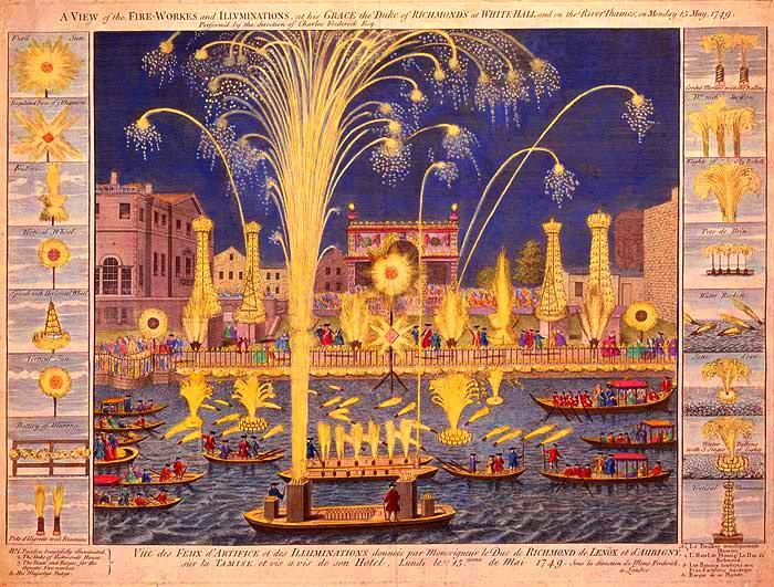 Hand-colored etching showing the Royal Fire-workes and Illuminations in Whitehall and on the River Thames on Monday 15 May 1749. The occasion for which George Frideric Handel composed his Music for the Royal Fireworks.