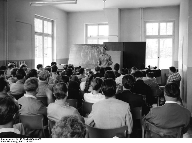 Karlheinz Stockhausen (1928-2007) delivers a lecture at the International Course for New Music in July 1957