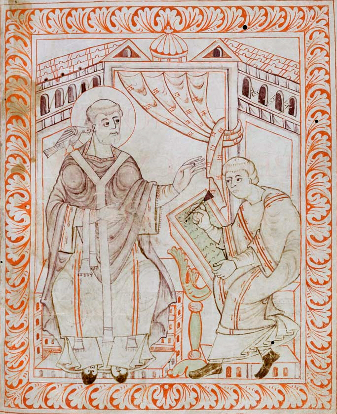 English: Pope Gregorius I dictating the gregorian chants.