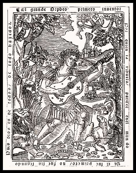 Woodcut depicting Orpheus playing a six-string vihuela